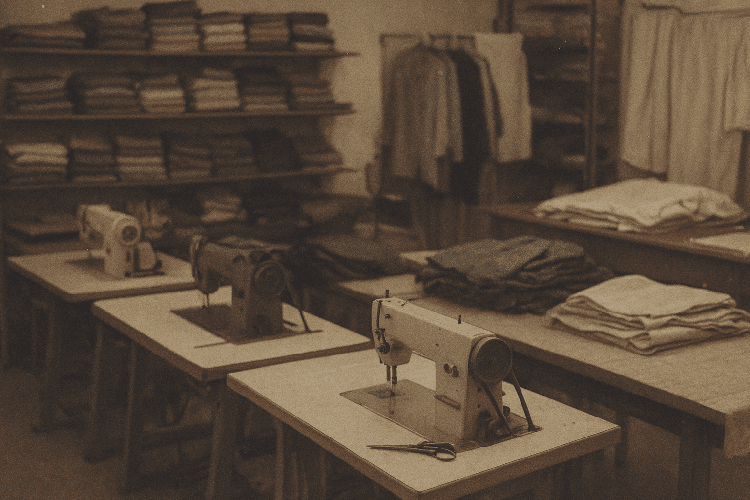 Composição de fotos: uma foto antiga de uma máquina de serigrafia e uma foto moderna de um produto finalizado.